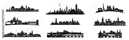 Quadro su tela Famous city skylines and world landmarks collection black and white vector silho