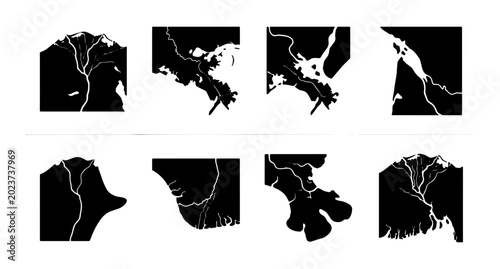 Canvastavla Abstract River Delta Silhouettes, Set of 8 Vector Graphics, Geographic Landforms