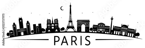 Canvas Print Paris city skyline with Eiffel Tower and famous landmarks black and white vector