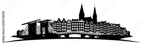Canvas Print Prague city skyline with Charles Bridge and castle cathedral in vintage woodcut