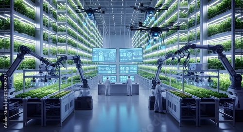 Large scale vertical farm with technicians and robotic automation. Industrial indoor agriculture facility with drones and data monitoring screens. Smart farming and food production concept