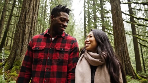 Couple walking hand in hand on a forest path surrounded by tall trees and ferns