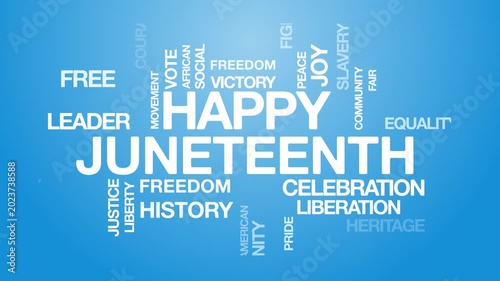 Happy juneteenth concept Animated Tag Word Cloud kinetic typography, Text Design Animation typography seamless loop video motion graphics Intro Wordart arrangement blue background bg backdrop campaign