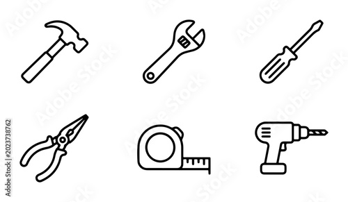 Foto Set of 6 Hand Tool Icons, Vector Graphics: Hammer, Wrench, Screwdriver, Pliers,