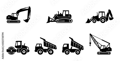 Obraz na płótnie Construction Vehicle Icons Set, Heavy Machinery Silhouettes, Excavator, Bulldoze