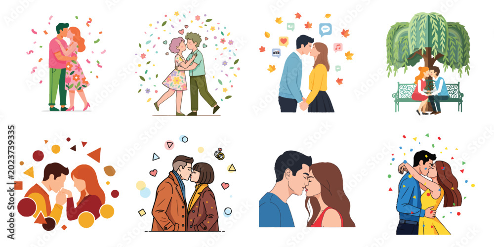 Fototapeta premium Love Couples Sharing Romantic Moments with Hugs and Kisses Celebrating Relationships and Affection, International Kissing Day