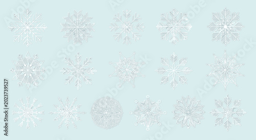 Collection of delicate white snowflake designs in various intricate shapes and patterns on a soft light blue background for winter.