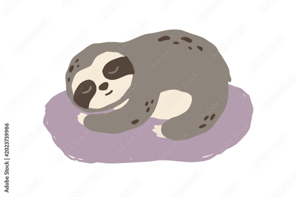 Obraz premium Sloth cartoon drawing cute baby sleeping and smiling clipart on organic shape with brown colored minimal painting art vector on transparent background