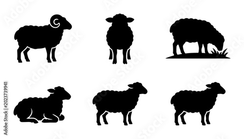 Fényképezés Sheep Silhouettes Collection: Farm Animals, Livestock Icons, Rural Life Vector G
