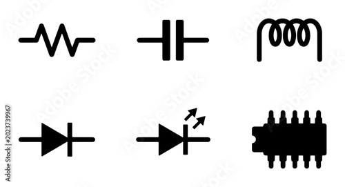 Tableau sur toile Electronic Component Symbols Vector Icons: Resistor, Capacitor, Coil, Diode, LED