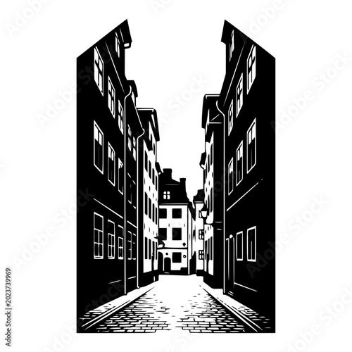 Photography Narrow old town street with historic buildings and cobblestone road black silhou