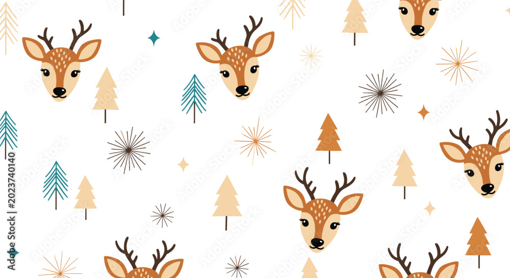 Fototapeta premium Seamless pattern design showing cute deer heads and stylized pine trees in an autumnal or winter woodland theme over white background.