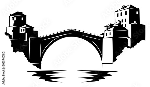 Fotografie Stari Most bridge in Mostar with silhouette buildings in high contrast vector st