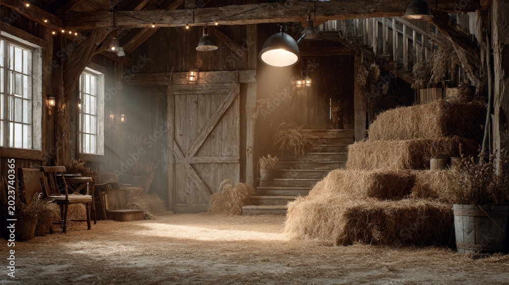 Fototapeta premium Barn Interior with Hay Bales, Soft Lighting, and Vintage Feel