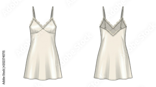 Foto Fashion CAD illustration of a beige camisole with lace trim, front and back view