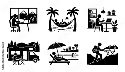 Photos Remote Work Icons, Digital Nomad Lifestyle, Freelancer Scenes, Work From Anywher