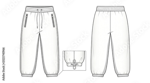 Foto CAD illustration of casual joggers with zippers and drawstring detail, front and