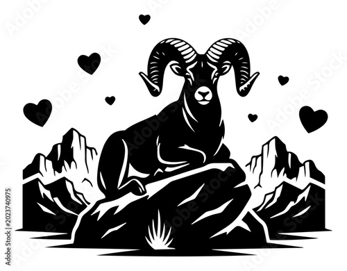 Foto Ram mountain sheep resting on cliff with hearts and mountain peaks in black silh
