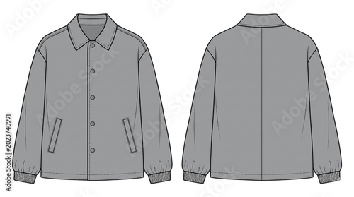 Bild auf Leinwand Detailed CAD flat technical sketch of a men's versatile coach jacket, featuring
