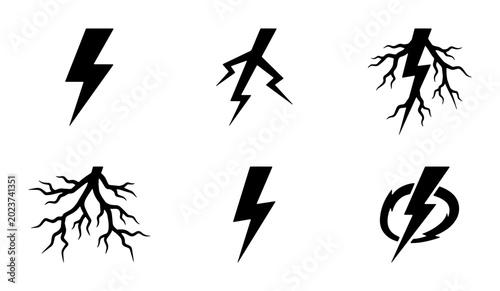 Foto Set of 6 Black Lightning Bolt Icons, Electric Bolt Symbols, Energy Strike Graphi
