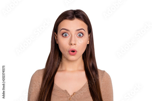 Foto Close up photo cool amazing she her lady ideal appearance open mouth unexpected