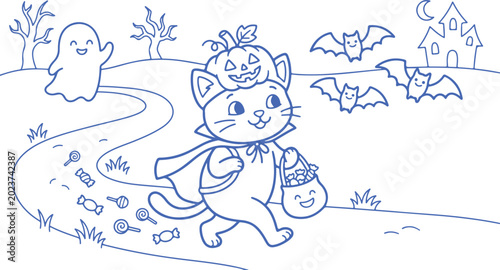 Quadro su tela Cute cat in Halloween costume trick or treating with candy and spooky background elements