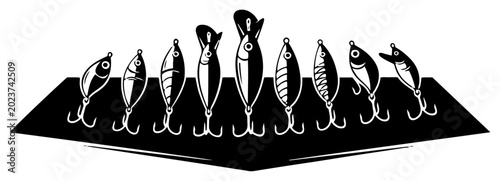 Konstfotografi Collection of various fishing lures and wobblers in woodcut stencil style