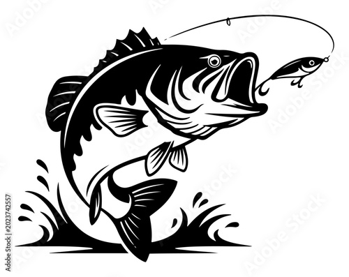 Fotografija Largemouth bass jumping from water to catch fishing lure in dynamic vector style