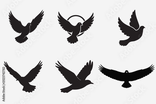 Minimalist Doves and Eagles in Flight Flying Bird Silhouette Vector Set