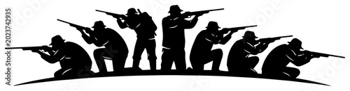 Fotografia Group of hunters aiming rifles in different shooting positions in silhouette sty