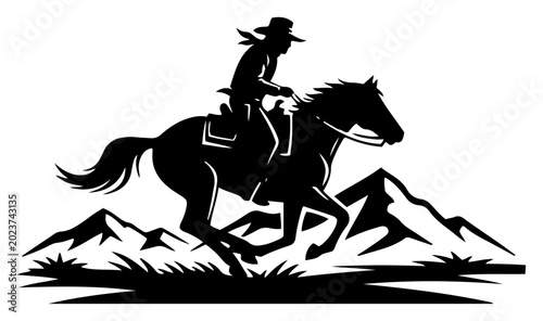 Fotografie Cowboy riding galloping horse in wild west mountain landscape silhouette style