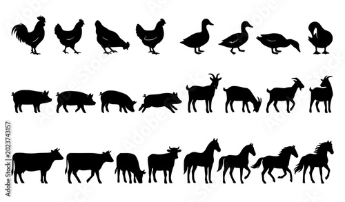 Fotografía Minimal Farm Livestock Silhouettes Vector Collection with Cow Horse Goat Pig and