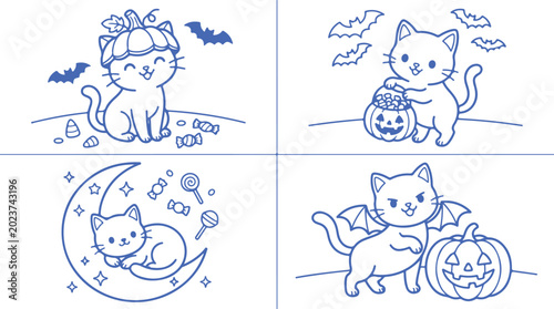 Foto Halloween cat coloring pages mega set with pumpkins bats and candy