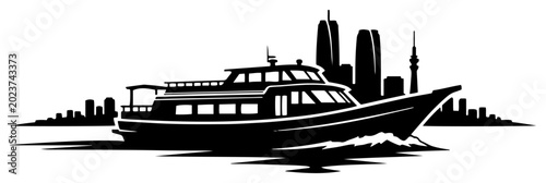 Konstfotografi Passenger ship on water with city skyline background in black silhouette style