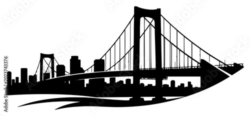 Foto Suspension bridge and city skyline over water in black silhouette style