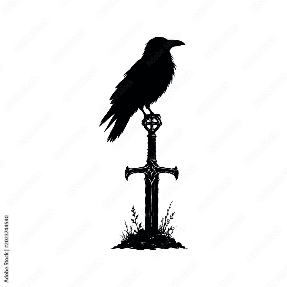 Fototapeta premium Black silhouette of a raven perched on a medieval sword embedded in the ground with grass on white background