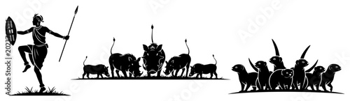Photography African tribal warrior with spear and wild animals on savanna black silhouette s