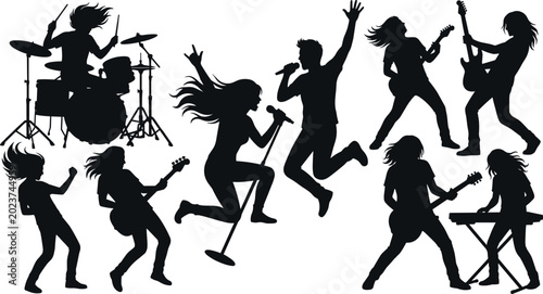 Cuadro en lienzo Vector collection of energetic rock band musicians silhouettes featuring male an