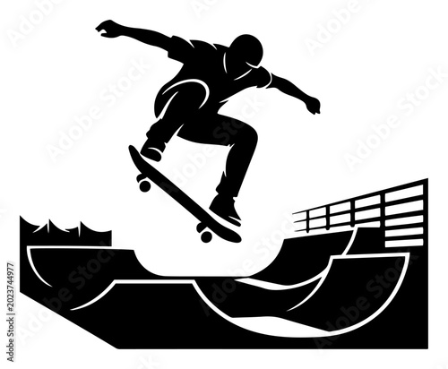 Tableau sur toile Skateboarder jumping in skatepark bowl in bold action silhouette style