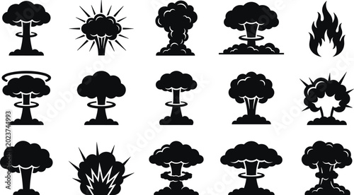 Photography Vector collection of explosion and mushroom cloud silhouette icons featuring ato