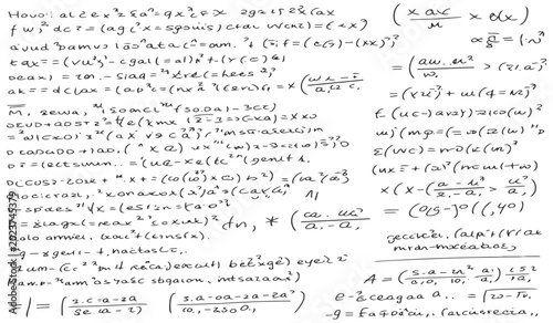 Foto Hand Drawn Mathematical Equations and Graphs on White Paper, Calculus and Algebr