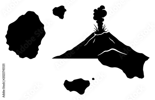Quadro su tela Volcanic island archipelago with erupting mountain and smoke clouds black silhou