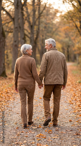 Elderly couple walks hand in hand along a tree-lined path during autumn in a park near their home in the late afternoon