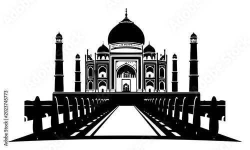Fotografía Taj Mahal mausoleum landmark in Agra India with reflecting pool in black silhoue