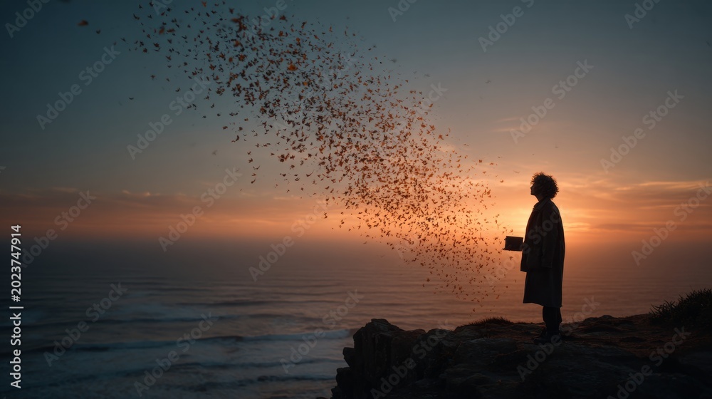 Obraz premium Person releasing flock of birds at sunset cliff overlooking ocean