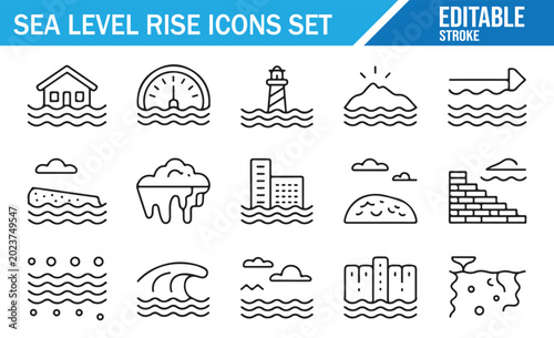 Global Warming Ocean Icons Set with Flood Risk Storm Surge and Rising Tide Symbols