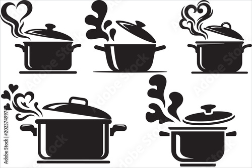 Fotografija Cooking pot silhouette icon set with hot steam, kitchenware pan and boiling soup