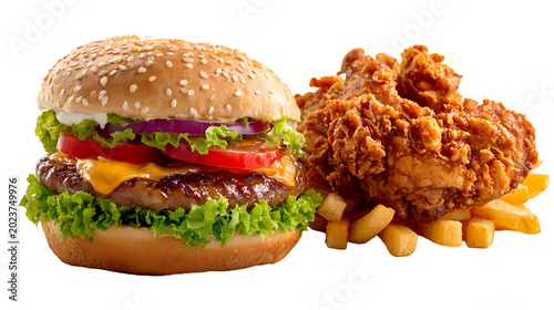 Burger and fried chicken with french fries isolated on transparent background fast food meal.