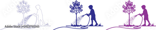 Konstfotografi Child watering tree vector illustration set, young person nurturing plant, growt