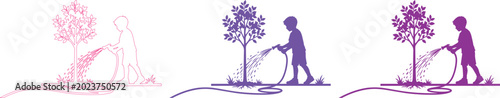 Konstfotografi Child watering tree vector illustration, young boy nurturing plant, garden care